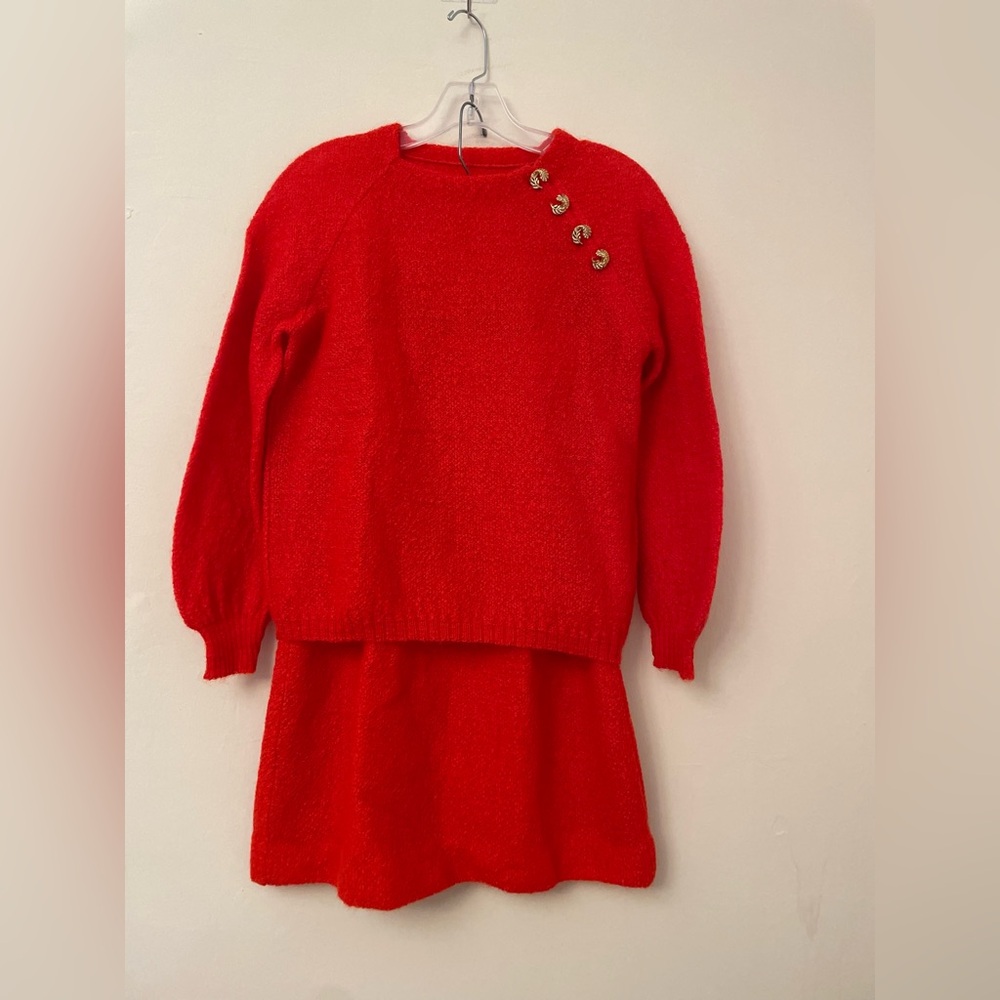 Vintage 80s Orange Knit Two Piece Sweater and Skirt Set w/Gold Buttons Size S/M